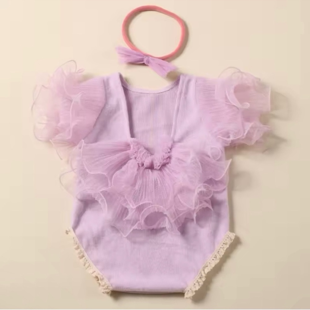 Newborn Photography Lace Romper Bow Headband Set Baby Girl Photo Shoot